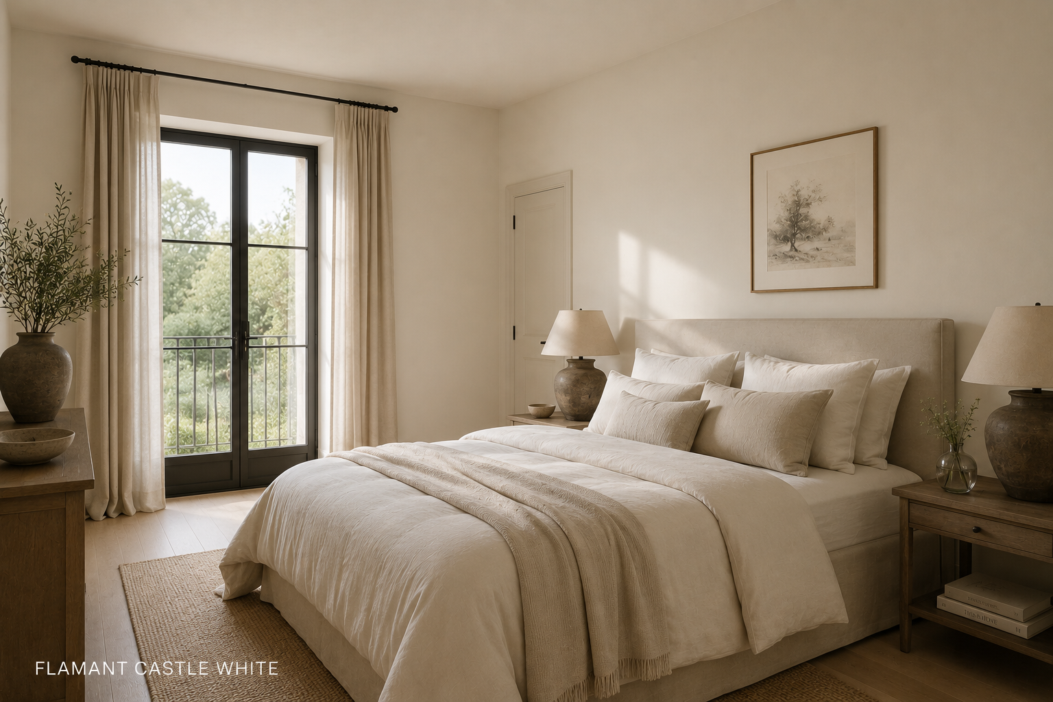 Flamant Castle White – warme gebroken wittint voor een elegante en rustgevende slaapkamer Sfeervolle slaapkamer geschilderd in Flamant Castle White met warme gebroken witte muren, natuurlijke materialen en een tijdloze uitstraling.
